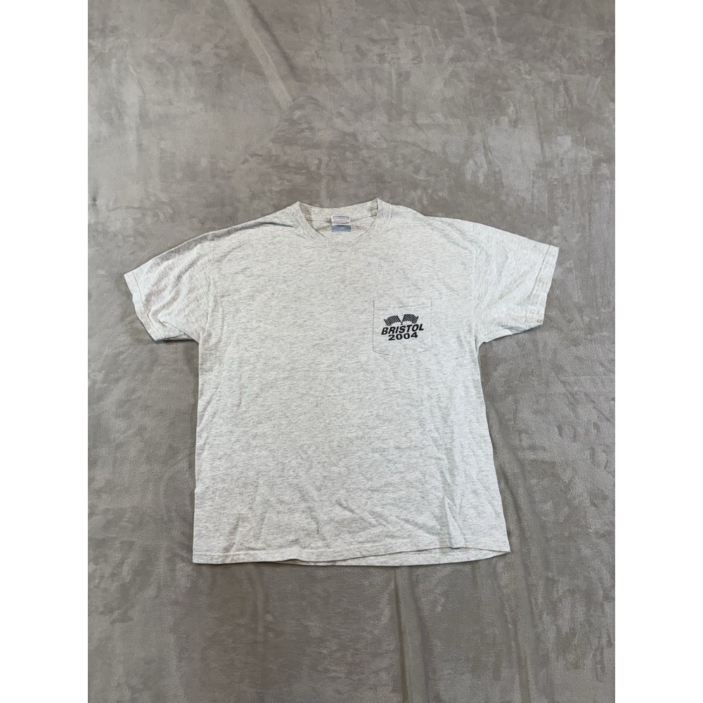 Vintage Hanes Bristol Racing 2004 Graphic Pocket T-Shirt Mens Large Gray